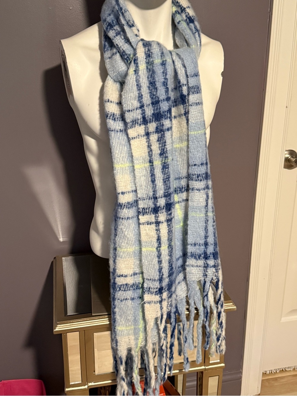Old Navy Light Blue Plaid Fringe Scarf with Navy and Cream